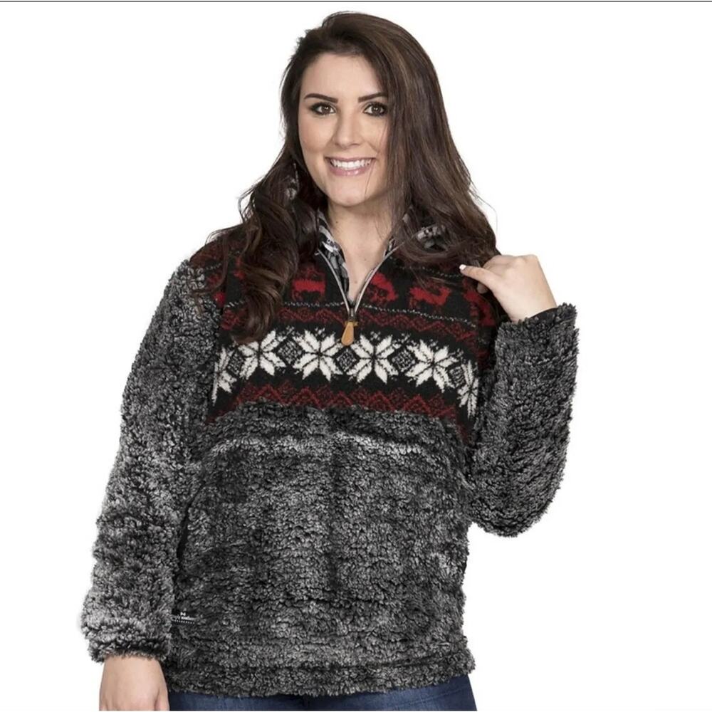 Simply Southern Sherpa Fleece Womens M Faux Fur Fair Isle Quarter Zip Pullover